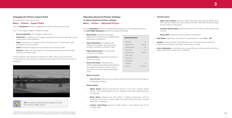 Changing the picture aspect ratio, Adjusting advanced picture settings | Vizio M-Series Quantum Q7-J03 70" Class HDR 4K UHD Smart Quantum Dot LED TV User Manual | Page 16 / 48