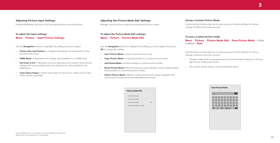 Adjusting picture input settings, Adjusting the picture mode edit settings, Saving a custom picture mode | Vizio M-Series Quantum Q7-J03 70" Class HDR 4K UHD Smart Quantum Dot LED TV User Manual | Page 19 / 48