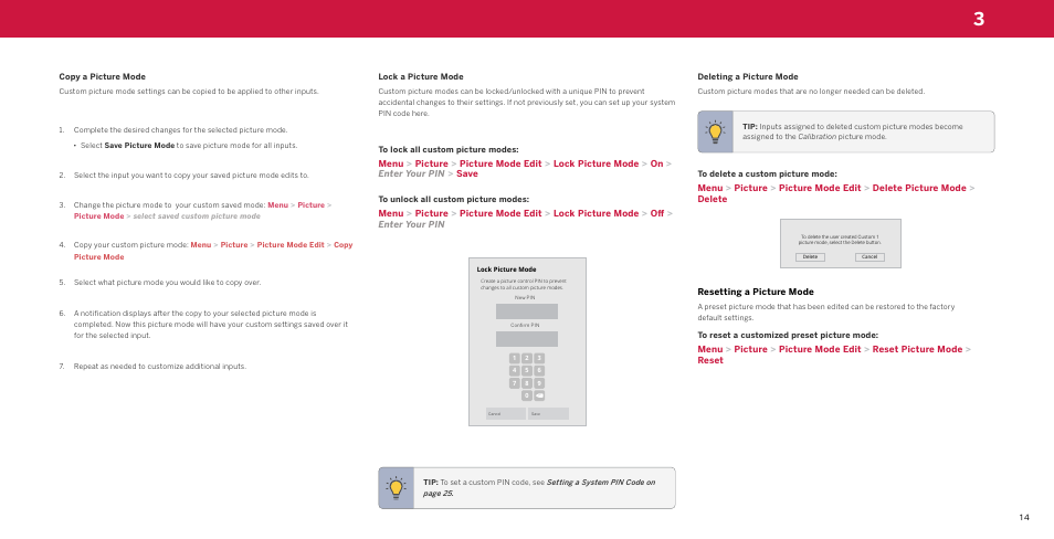 Copy a picture mode, Lock a picture mode, Deleting a picture mode | Resetting a picture mode | Vizio M-Series Quantum Q7-J03 70" Class HDR 4K UHD Smart Quantum Dot LED TV User Manual | Page 20 / 48