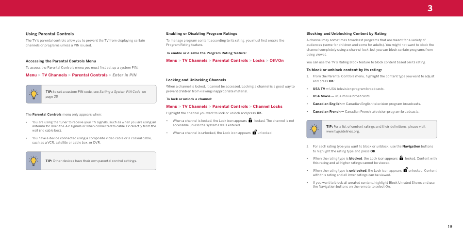 Using parental controls, Accessing the parental controls menu, Enabling or disabling program ratings | Locking and unlocking channels, Blocking and unblocking content by rating | Vizio M-Series Quantum Q7-J03 70" Class HDR 4K UHD Smart Quantum Dot LED TV User Manual | Page 25 / 48