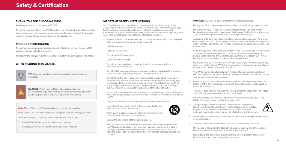 Safety & certification, Thank you for choosing vizio, Product registration | When reading this manual, Important safety instructions | Vizio M-Series Quantum Q7-J03 70" Class HDR 4K UHD Smart Quantum Dot LED TV User Manual | Page 3 / 48