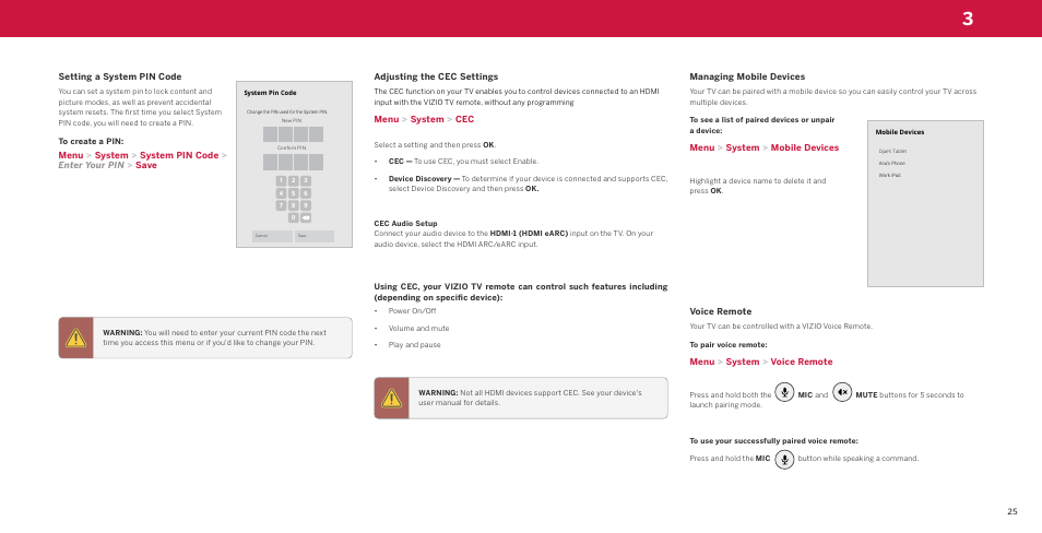 Setting a system pin code, Adjusting the cec settings, Cec audio setup | Managing mobile devices, Voice remote | Vizio M-Series Quantum Q7-J03 70" Class HDR 4K UHD Smart Quantum Dot LED TV User Manual | Page 31 / 48