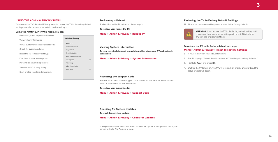 Using the admin & privacy menu, Performing a reboot, Viewing system information | Accessing the support code, Checking for system updates, Restoring the tv to factory default settings | Vizio M-Series Quantum Q7-J03 70" Class HDR 4K UHD Smart Quantum Dot LED TV User Manual | Page 32 / 48