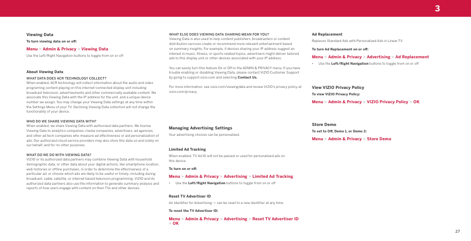 Viewing data, About viewing data, What data does acr technology collect | Who do we share viewing data with, What do we do with viewing data, What else does viewing data sharing mean for you, Managing advertising settings, Limited ad tracking, Reset tv advertiser id, Ad replacement | Vizio M-Series Quantum Q7-J03 70" Class HDR 4K UHD Smart Quantum Dot LED TV User Manual | Page 33 / 48