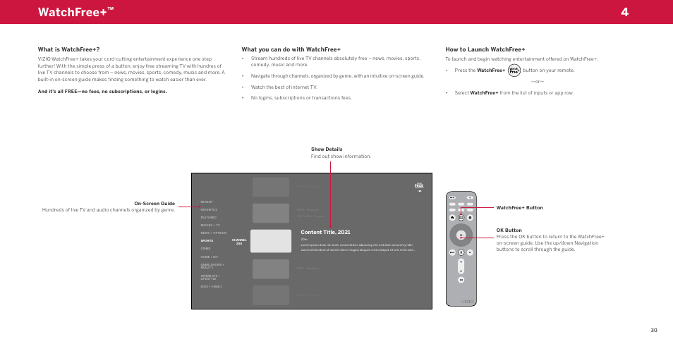 Watchfree, What is watchfree, What you can do with watchfree | How to launch watchfree, 4watchfree | Vizio M-Series Quantum Q7-J03 70" Class HDR 4K UHD Smart Quantum Dot LED TV User Manual | Page 36 / 48