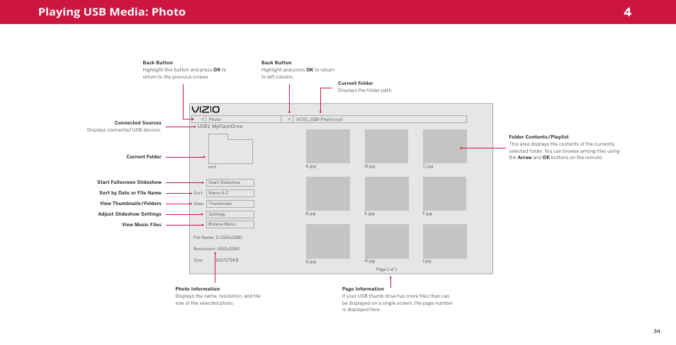 Photo, Playing usb media: photo | Vizio M-Series Quantum Q7-J03 70" Class HDR 4K UHD Smart Quantum Dot LED TV User Manual | Page 40 / 48