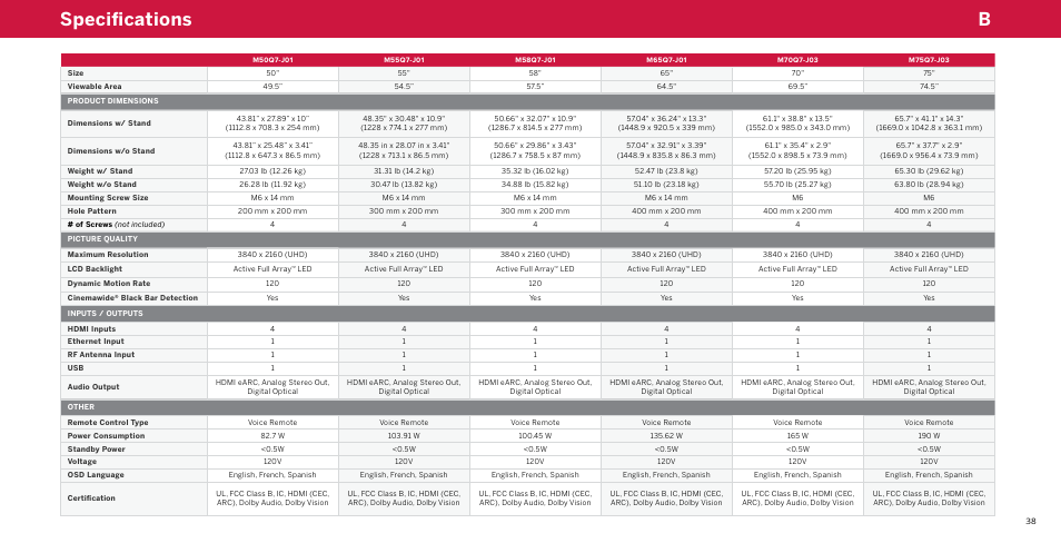 Specifications, Bspecifications | Vizio M-Series Quantum Q7-J03 70" Class HDR 4K UHD Smart Quantum Dot LED TV User Manual | Page 44 / 48