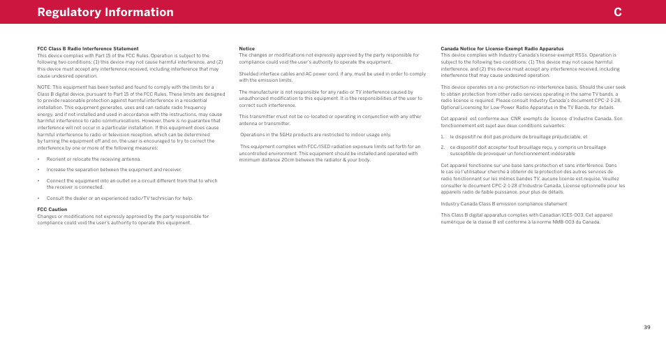 Regulatory information, Fcc class b radio interference statement, Fcc caution | Notice, Canada notice for license-exempt radio apparatus, Cregulatory information | Vizio M-Series Quantum Q7-J03 70" Class HDR 4K UHD Smart Quantum Dot LED TV User Manual | Page 45 / 48