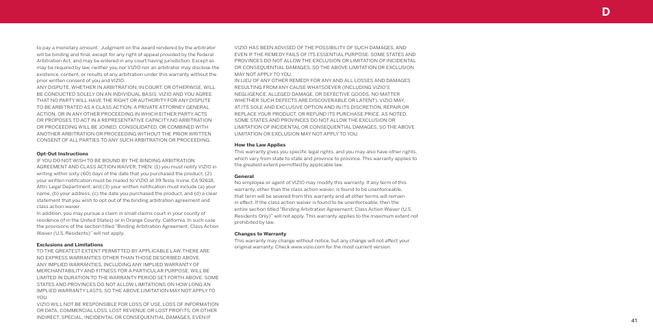 Opt-out instructions, Exclusions and limitations, How the law applies | General, Changes to warranty | Vizio M-Series Quantum Q7-J03 70" Class HDR 4K UHD Smart Quantum Dot LED TV User Manual | Page 47 / 48