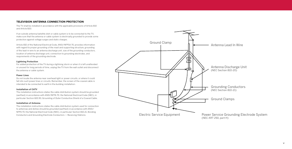 Television antenna connection protection, Lightning protection, Power lines | Installation of catv, Installation of antenna, Grounding conductors | Vizio M-Series Quantum Q7-J03 70" Class HDR 4K UHD Smart Quantum Dot LED TV User Manual | Page 5 / 48