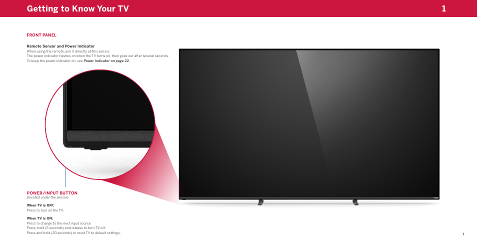 Getting to know your tv, Front panel, Remote sensor and power indicator | 1getting to know your tv | Vizio M-Series Quantum Q7-J03 70" Class HDR 4K UHD Smart Quantum Dot LED TV User Manual | Page 7 / 48