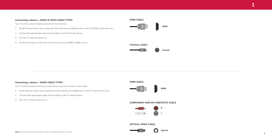 Connecting a device — audio & video cable types, Connecting a device — audio cable types | Vizio M-Series Quantum Q7-J03 70" Class HDR 4K UHD Smart Quantum Dot LED TV User Manual | Page 9 / 48