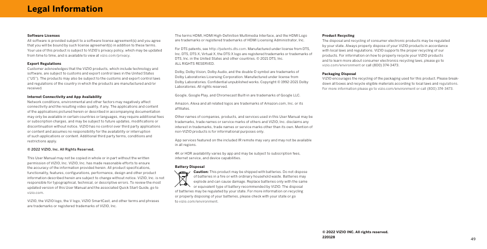 Legal information | Vizio V-Series 43" 4K HDR Smart LED TV User Manual | Page 49 / 49