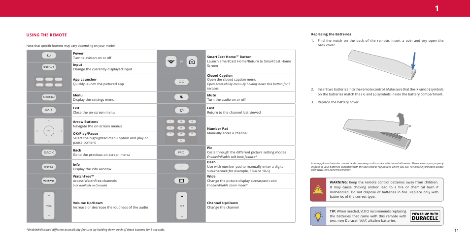 Using the remote, Replacing the batteries | Vizio M-Series Quantum Q7-J01 58" Class HDR 4K UHD Smart Quantum Dot LED TV User Manual | Page 11 / 48
