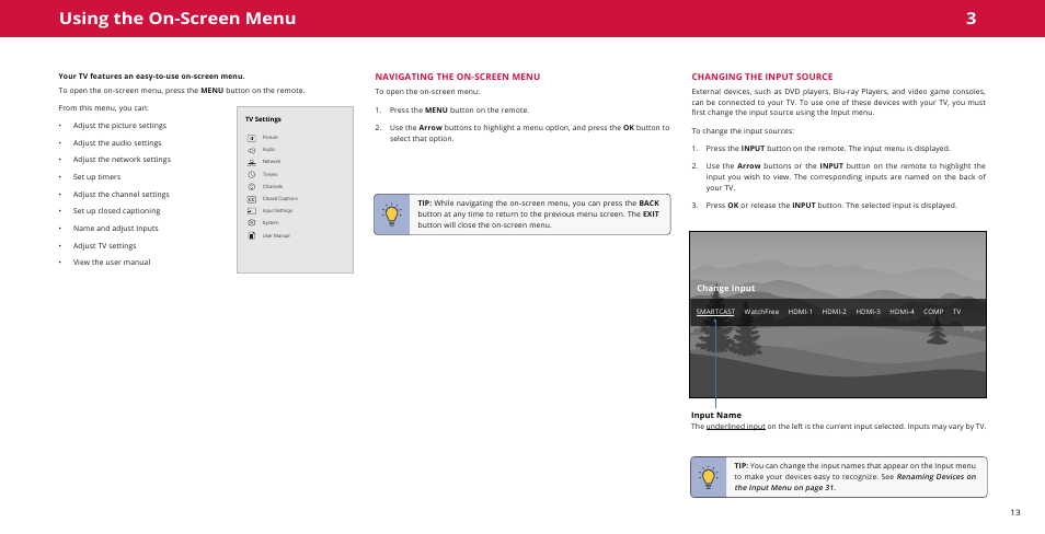 Using the on-screen menu, Navigating the on-screen menu, Changing the input source | Vizio M-Series Quantum Q7-J01 58" Class HDR 4K UHD Smart Quantum Dot LED TV User Manual | Page 13 / 48