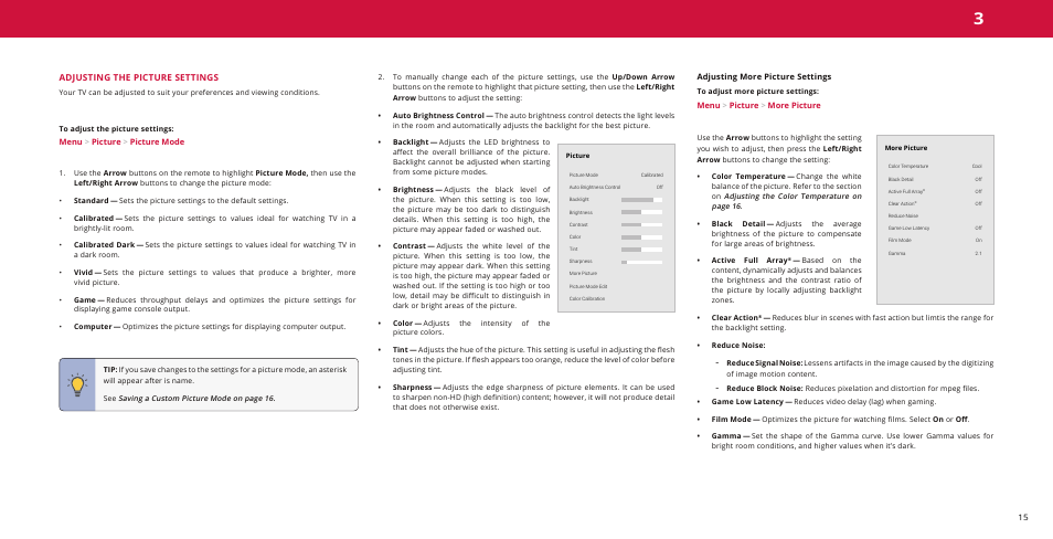 Adjusting the picture settings, Adjusting more picture settings | Vizio M-Series Quantum Q7-J01 58" Class HDR 4K UHD Smart Quantum Dot LED TV User Manual | Page 15 / 48