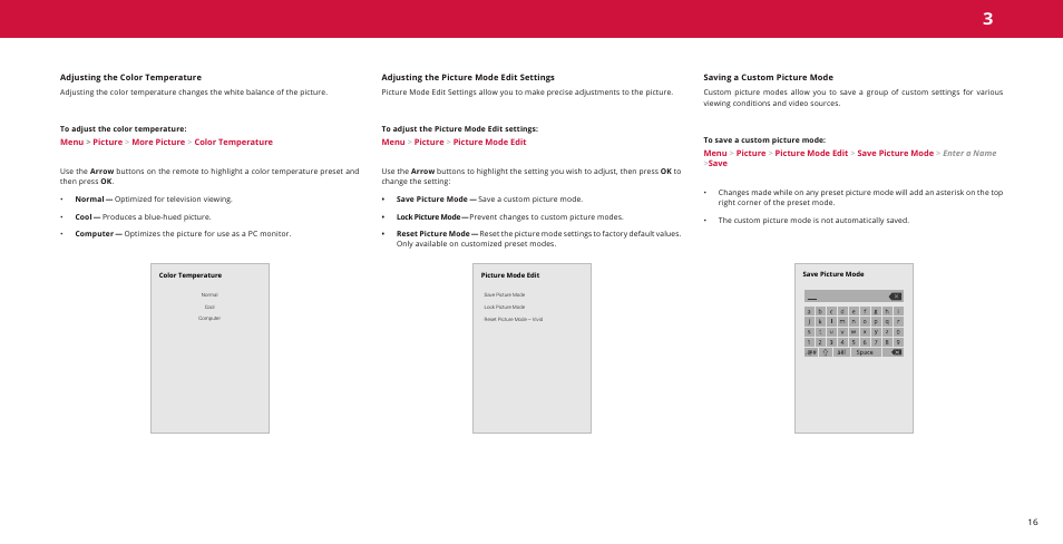 Adjusting the color temperature, Adjusting the picture mode edit settings, Saving a custom picture mode | Adjusting the color temperature on | Vizio M-Series Quantum Q7-J01 58" Class HDR 4K UHD Smart Quantum Dot LED TV User Manual | Page 16 / 48