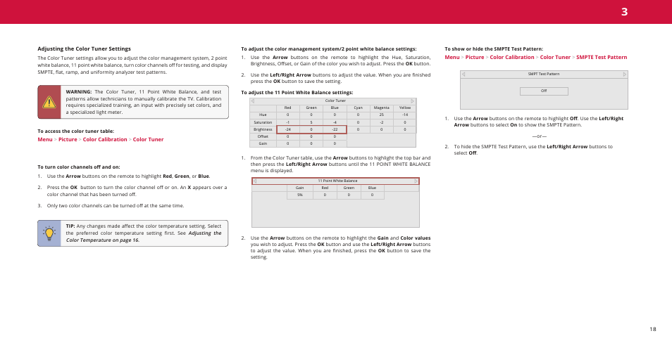 Adjusting the color tuner settings, To access the color tuner table, To show or hide the smpte test pattern | Vizio M-Series Quantum Q7-J01 58" Class HDR 4K UHD Smart Quantum Dot LED TV User Manual | Page 18 / 48