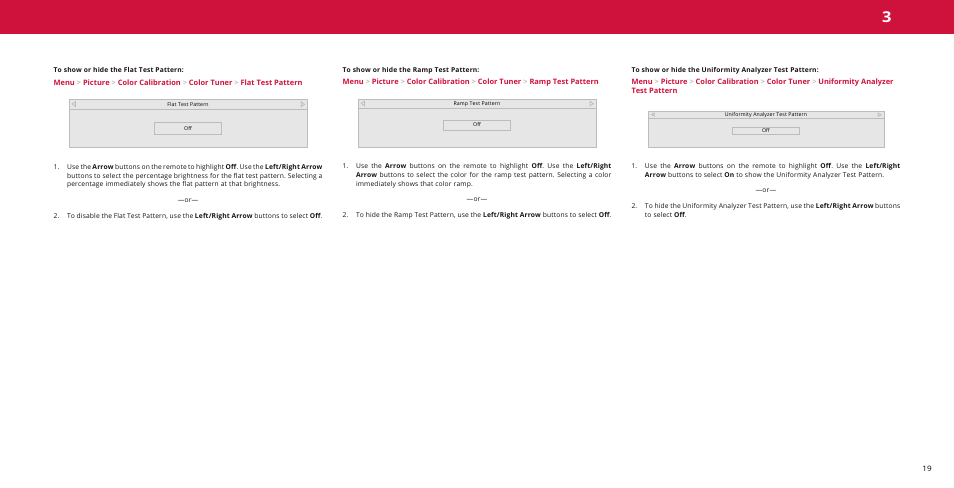 To show or hide the flat test pattern, To show or hide the ramp test pattern | Vizio M-Series Quantum Q7-J01 58" Class HDR 4K UHD Smart Quantum Dot LED TV User Manual | Page 19 / 48