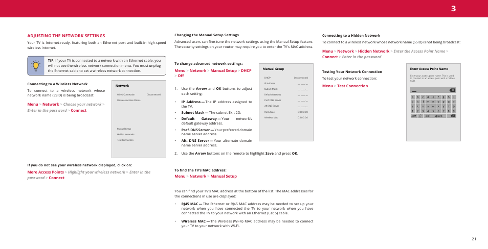 Adjusting the network settings, Connecting to a wireless network, Changing the manual setup settings | To find the tv’s mac address, Connecting to a hidden network | Vizio M-Series Quantum Q7-J01 58" Class HDR 4K UHD Smart Quantum Dot LED TV User Manual | Page 21 / 48