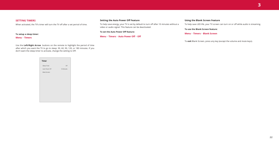 Setting timers, Setting the auto power off feature, Using the blank screen feature | Vizio M-Series Quantum Q7-J01 58" Class HDR 4K UHD Smart Quantum Dot LED TV User Manual | Page 22 / 48