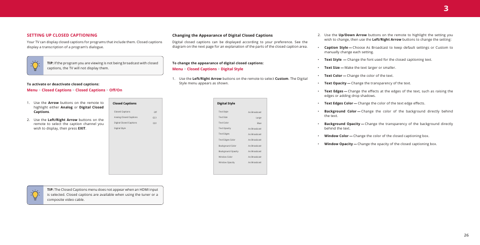 Setting up closed captioning, Changing the appearance of digital closed captions | Vizio M-Series Quantum Q7-J01 58" Class HDR 4K UHD Smart Quantum Dot LED TV User Manual | Page 26 / 48