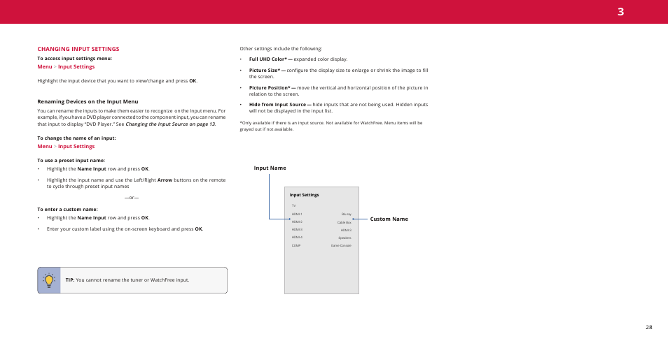 Changing input settings, Renaming devices on the input menu | Vizio M-Series Quantum Q7-J01 58" Class HDR 4K UHD Smart Quantum Dot LED TV User Manual | Page 28 / 48