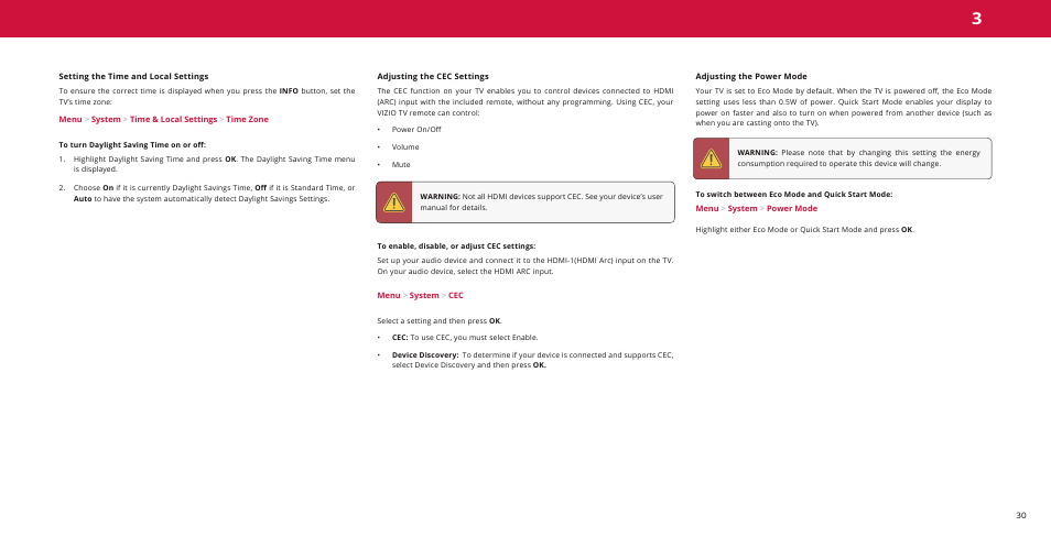 Setting the time and local settings, Adjusting the cec settings, Adjusting the power mode | Vizio M-Series Quantum Q7-J01 58" Class HDR 4K UHD Smart Quantum Dot LED TV User Manual | Page 30 / 48