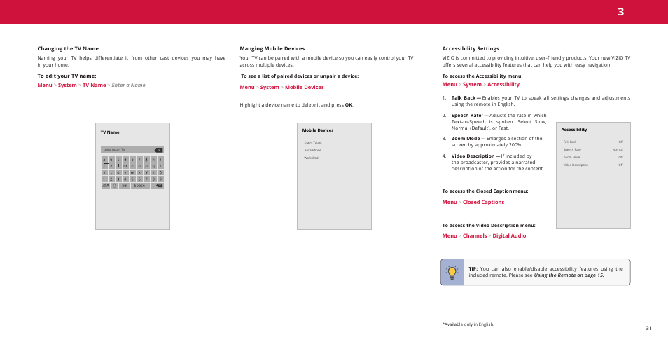 Changing the tv name, To edit your tv name, Manging mobile devices | Accessibility settings | Vizio M-Series Quantum Q7-J01 58" Class HDR 4K UHD Smart Quantum Dot LED TV User Manual | Page 31 / 48