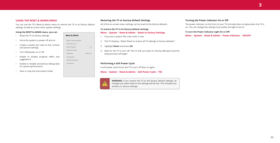 Using the reset & admin menu, Restoring the tv to factory default settings, Performing a soft power cycle | Turning the power indicator on or off | Vizio M-Series Quantum Q7-J01 58" Class HDR 4K UHD Smart Quantum Dot LED TV User Manual | Page 32 / 48