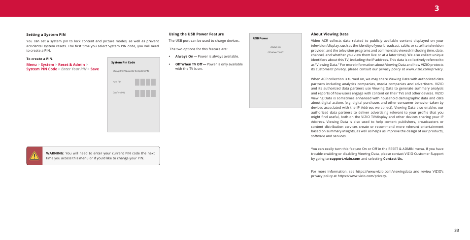 Setting a system pin, Using the usb power feature, About viewing data | Vizio M-Series Quantum Q7-J01 58" Class HDR 4K UHD Smart Quantum Dot LED TV User Manual | Page 33 / 48