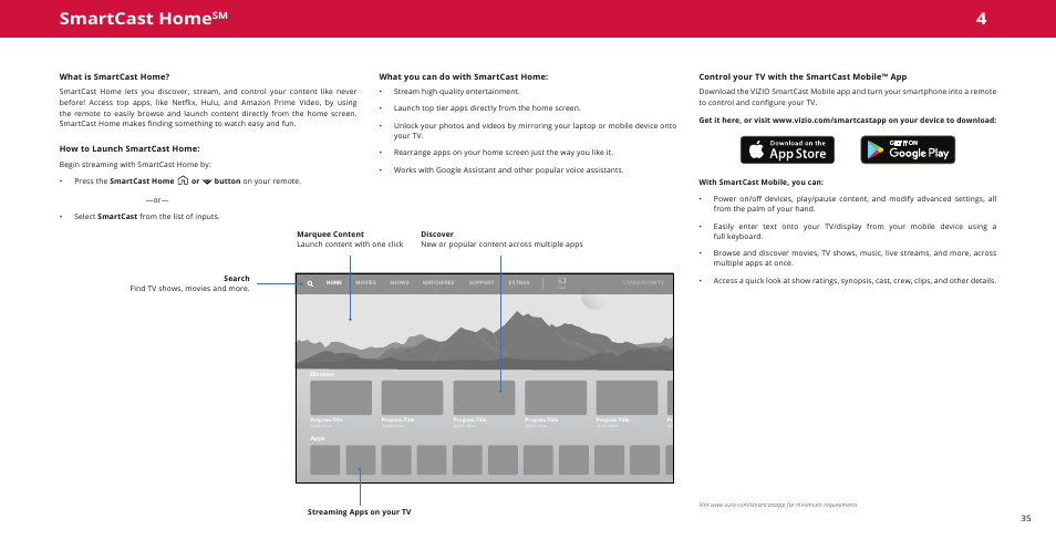 Smartcast homesm, What is smartcast home, How to launch smartcast home | What you can do with smartcast home, Control your tv with the smartcast mobile™ app, Smartcast home | Vizio M-Series Quantum Q7-J01 58" Class HDR 4K UHD Smart Quantum Dot LED TV User Manual | Page 35 / 48