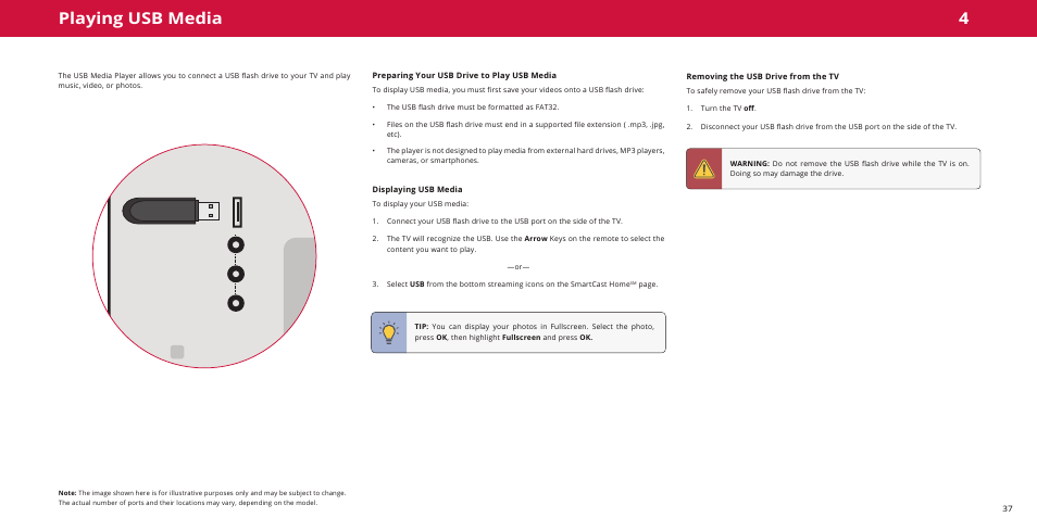 Playing usb media, Preparing your usb drive to play usb media, Displaying usb media | Removing the usb drive from the tv, 4playing usb media | Vizio M-Series Quantum Q7-J01 58" Class HDR 4K UHD Smart Quantum Dot LED TV User Manual | Page 37 / 48
