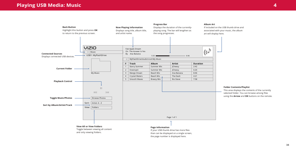 Playing usb media: music, 4playing usb media: music | Vizio M-Series Quantum Q7-J01 58" Class HDR 4K UHD Smart Quantum Dot LED TV User Manual | Page 38 / 48