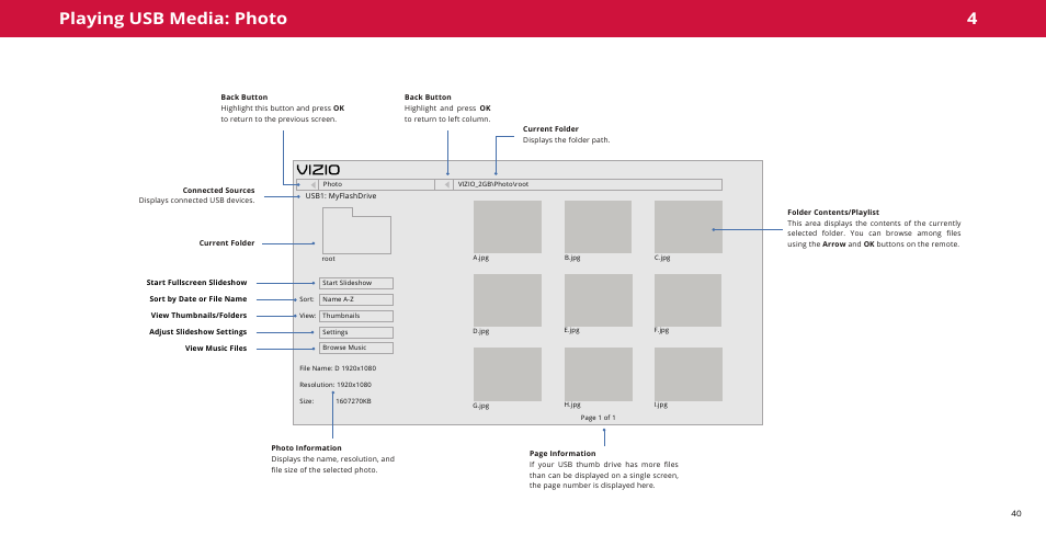 Playing usb media: photo, 4playing usb media: photo | Vizio M-Series Quantum Q7-J01 58" Class HDR 4K UHD Smart Quantum Dot LED TV User Manual | Page 40 / 48