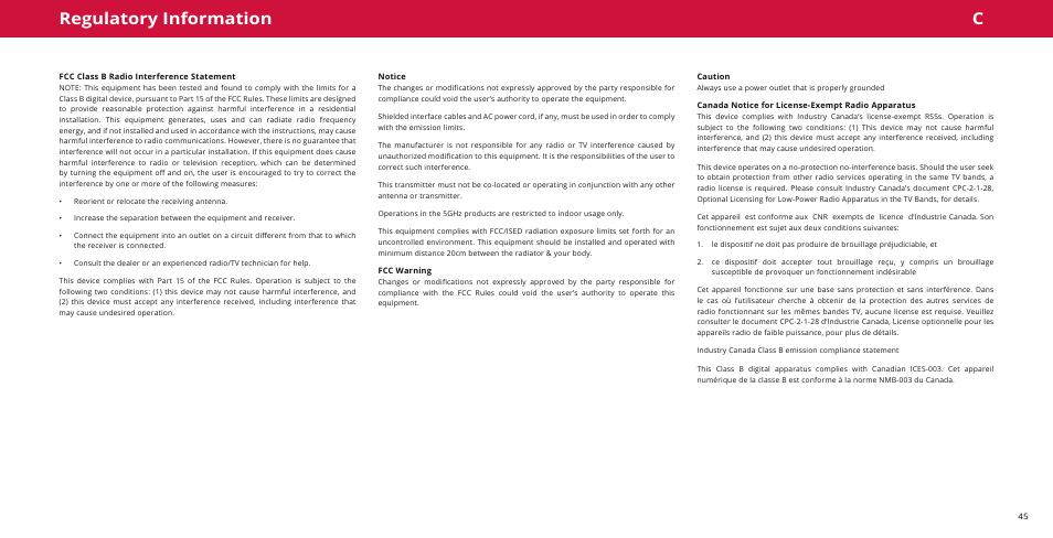 Regulatory information, Fcc class b radio interference statement, Notice | Fcc warning, Caution, Canada notice for license-exempt radio apparatus, Cregulatory information | Vizio M-Series Quantum Q7-J01 58" Class HDR 4K UHD Smart Quantum Dot LED TV User Manual | Page 45 / 48