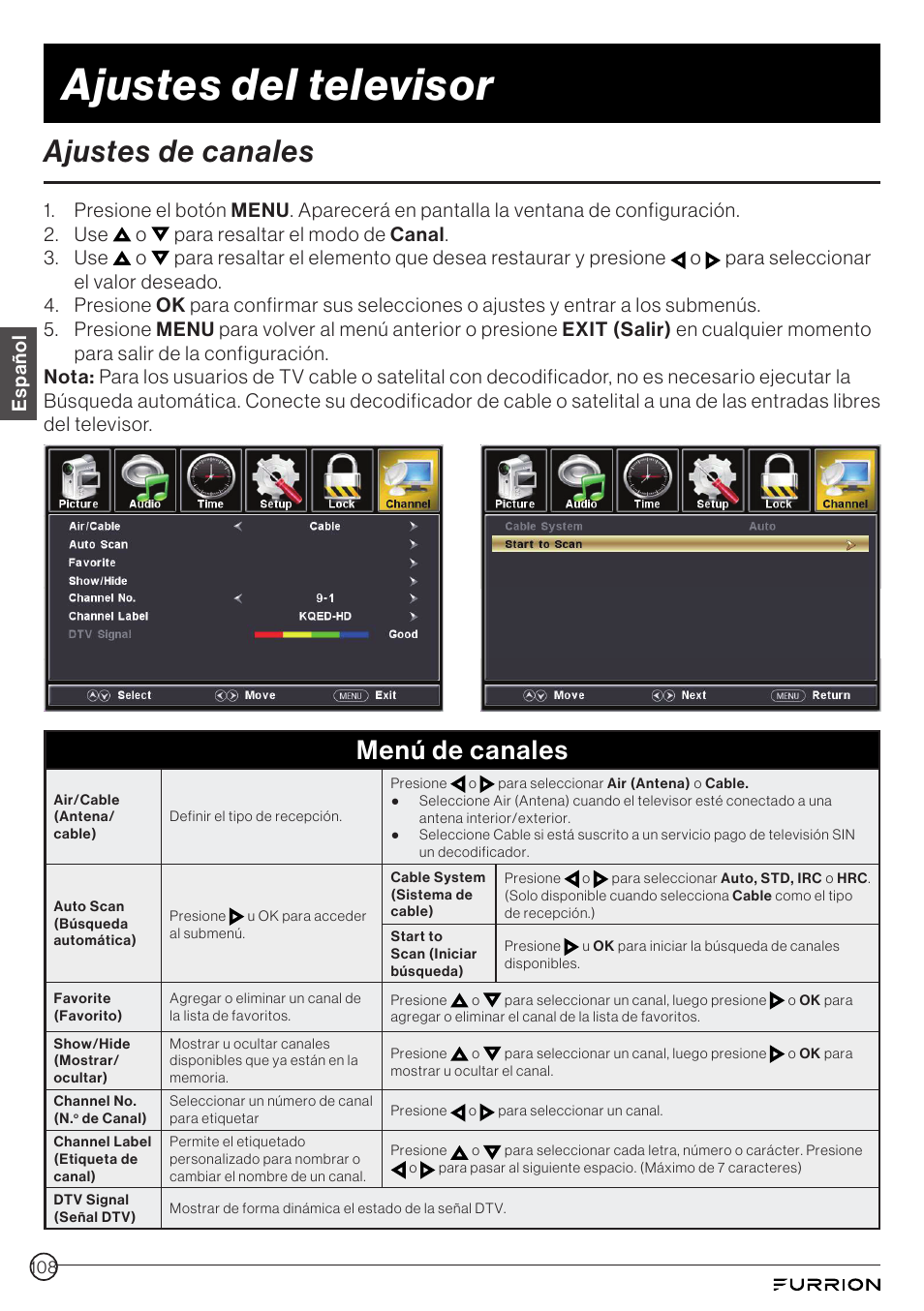 Ajustes de canales, Ajustes del televisor, Menú de canales | Español | Furrion Aurora 49" Class HDR 4K UHD Full-Shade Outdoor LED TV User Manual | Page 108 / 117