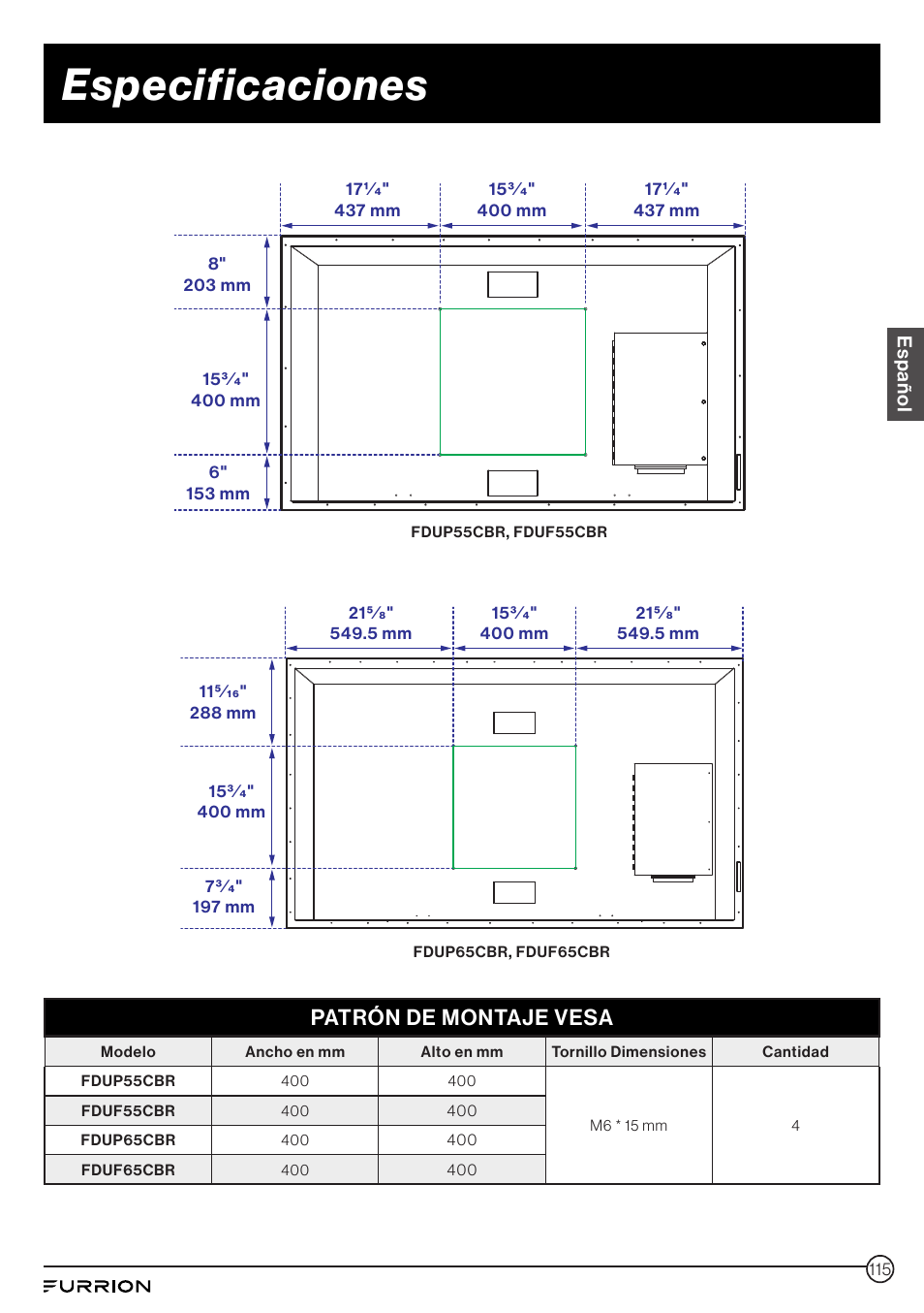 Especificaciones, Patrón de montaje vesa | Furrion Aurora 49" Class HDR 4K UHD Full-Shade Outdoor LED TV User Manual | Page 115 / 117