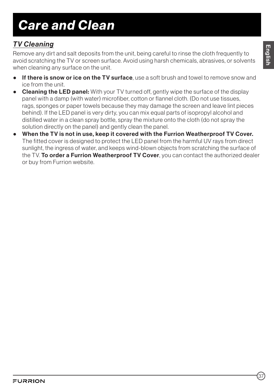 Care and clean, Tv cleaning | Furrion Aurora 49" Class HDR 4K UHD Full-Shade Outdoor LED TV User Manual | Page 37 / 117