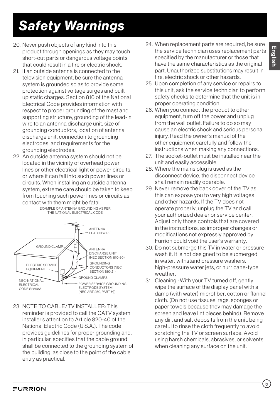 Safety warnings | Furrion Aurora 49" Class HDR 4K UHD Full-Shade Outdoor LED TV User Manual | Page 5 / 117