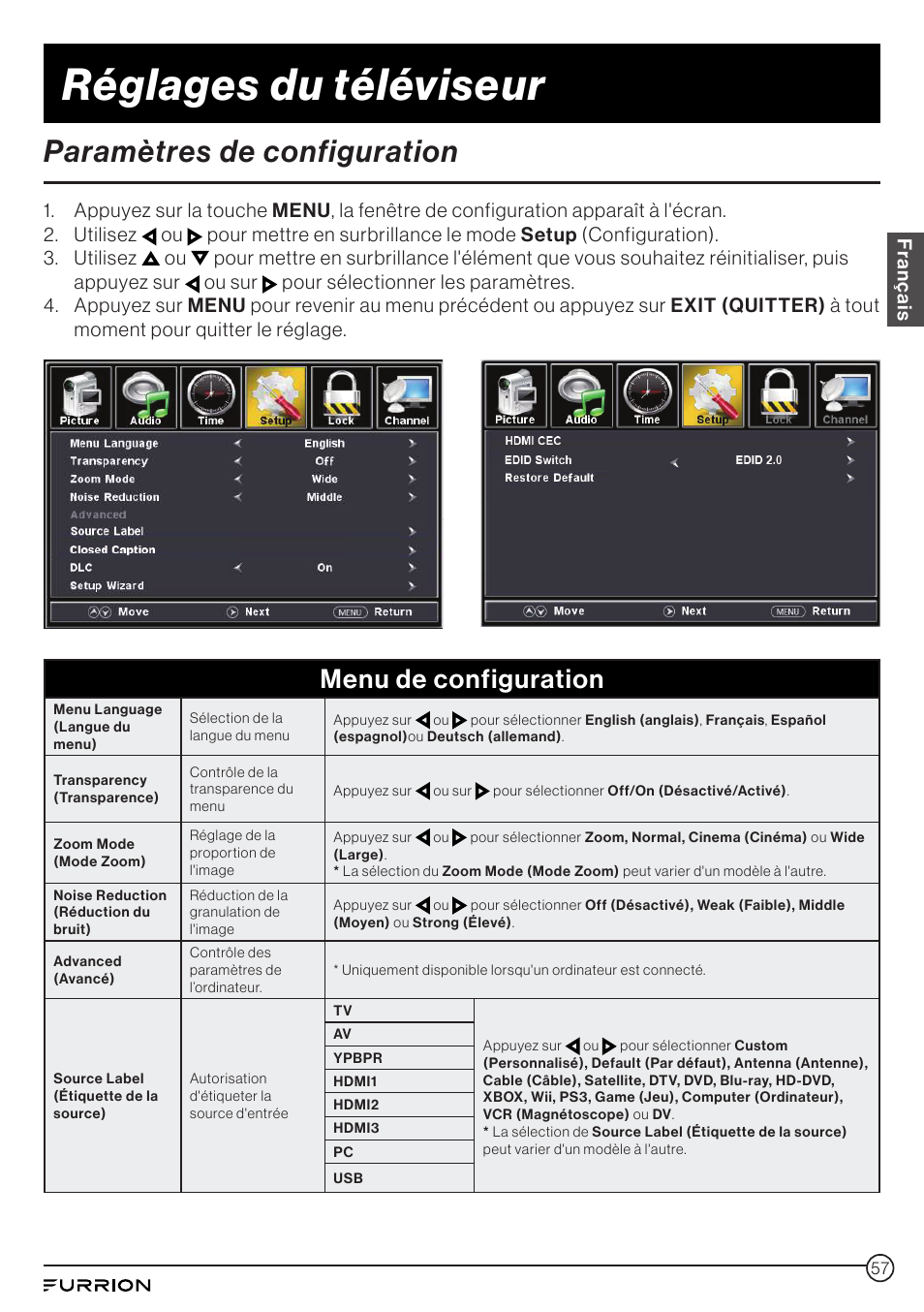 Réglages du téléviseur, Paramètres de configuration, Menu de configuration | Français | Furrion Aurora 49" Class HDR 4K UHD Full-Shade Outdoor LED TV User Manual | Page 57 / 117