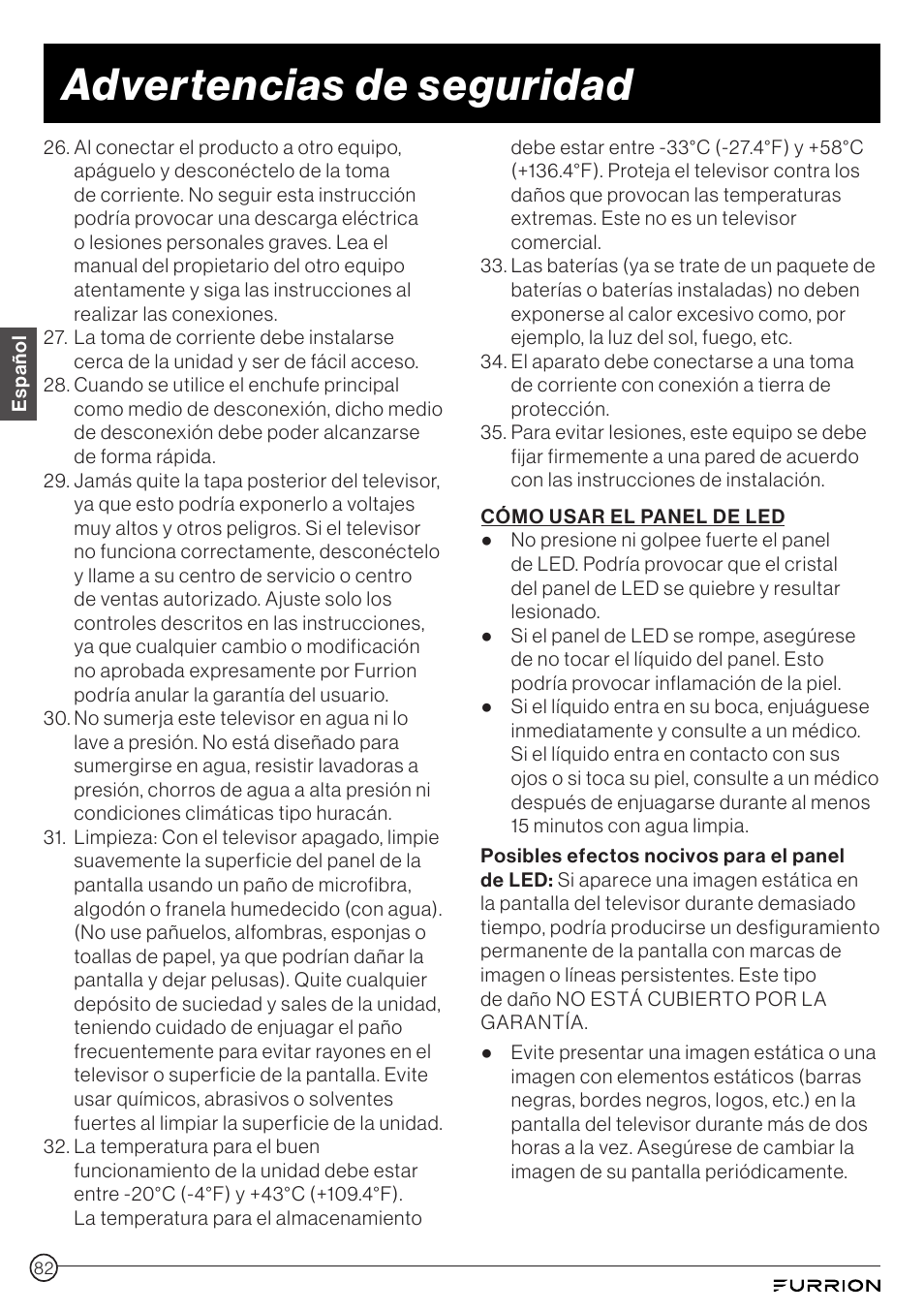 Advertencias de seguridad | Furrion Aurora 49" Class HDR 4K UHD Full-Shade Outdoor LED TV User Manual | Page 82 / 117