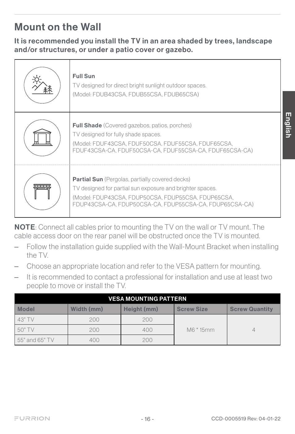 Mount on the wall | Furrion Aurora Sun 55" 4K HDR LED Full Sun Outdoor Smart TV User Manual | Page 17 / 77