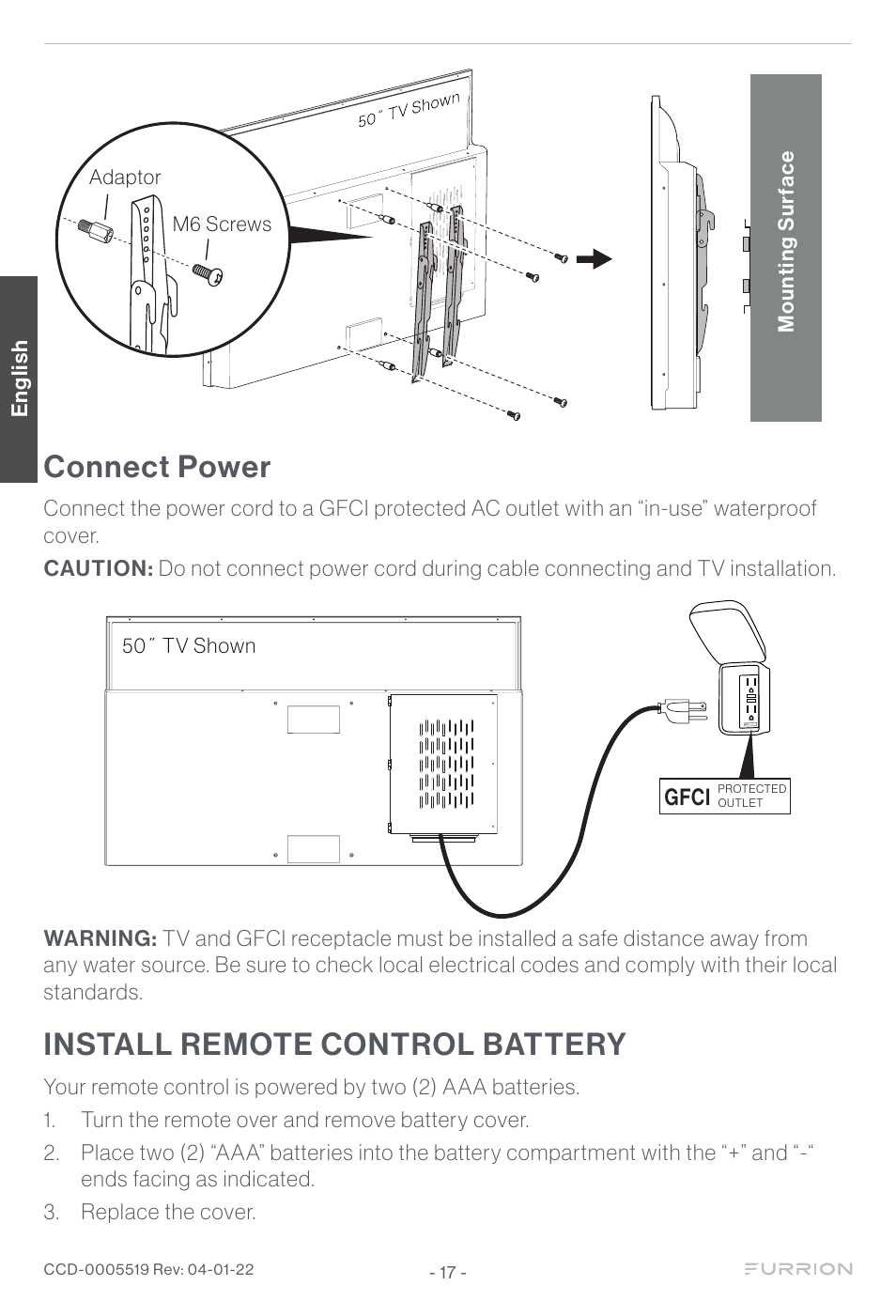 Connect power, Install remote control battery | Furrion Aurora Sun 55" 4K HDR LED Full Sun Outdoor Smart TV User Manual | Page 18 / 77