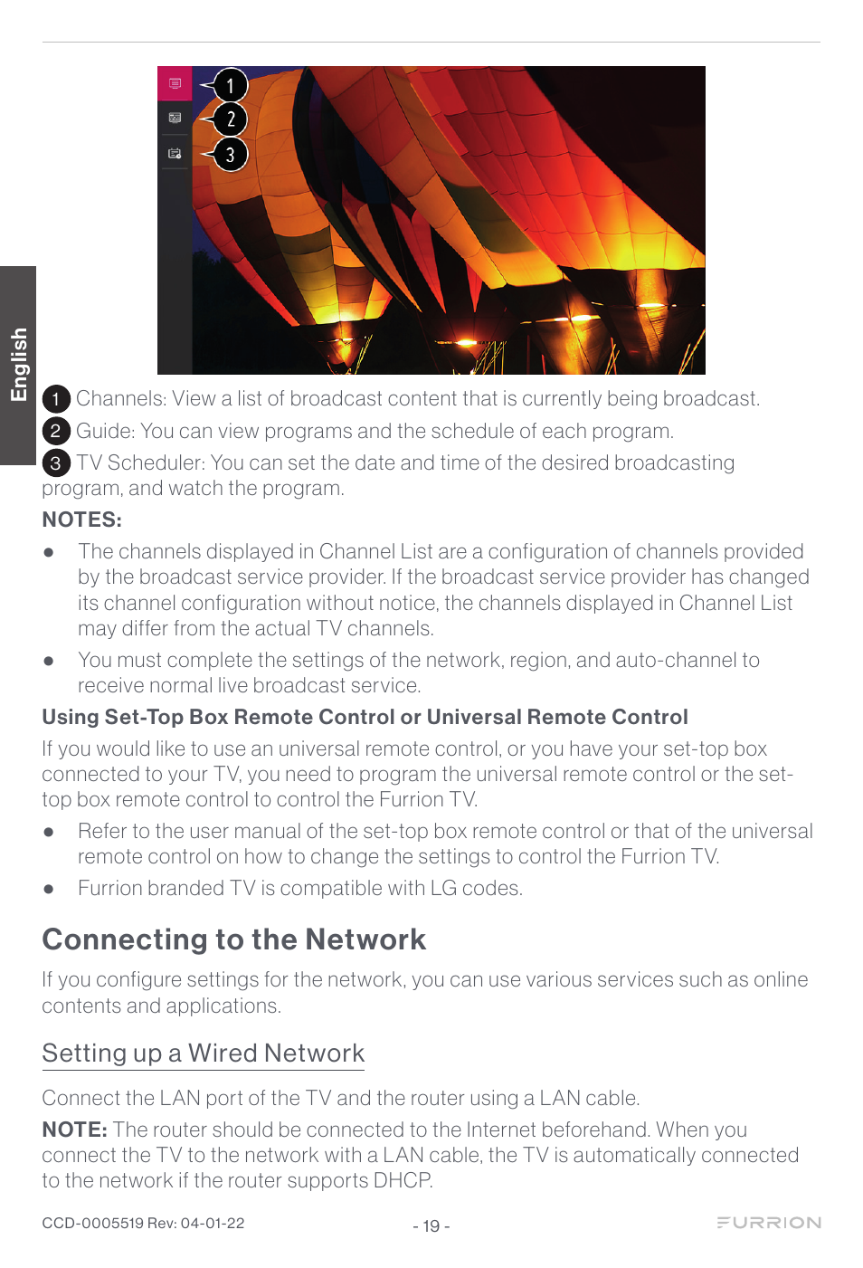 Connecting to the network, Setting up a wired network | Furrion Aurora Sun 55" 4K HDR LED Full Sun Outdoor Smart TV User Manual | Page 20 / 77