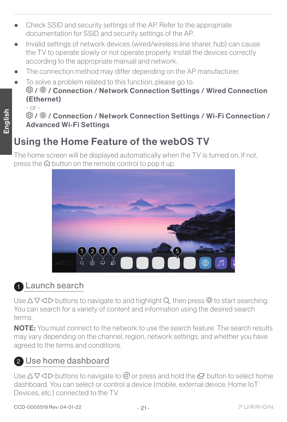 Using the home feature of the webos tv, Launch search, Use home dashboard | Furrion Aurora Sun 55" 4K HDR LED Full Sun Outdoor Smart TV User Manual | Page 22 / 77