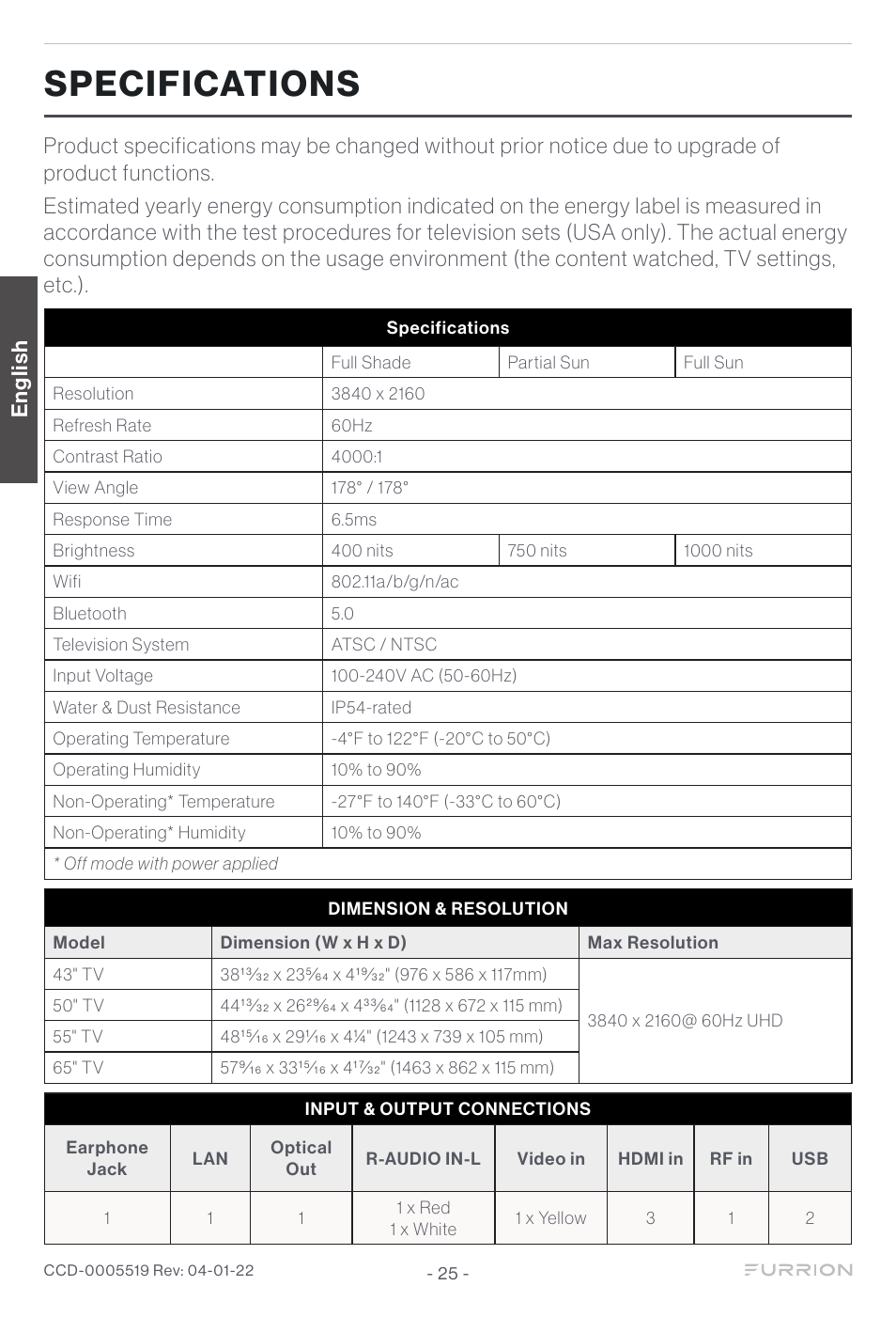 Specifications, English | Furrion Aurora Sun 55" 4K HDR LED Full Sun Outdoor Smart TV User Manual | Page 26 / 77