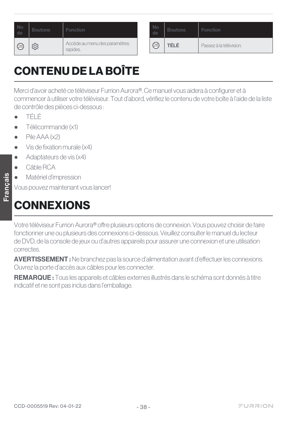 Contenu de la boîte, Connexions | Furrion Aurora Sun 55" 4K HDR LED Full Sun Outdoor Smart TV User Manual | Page 39 / 77