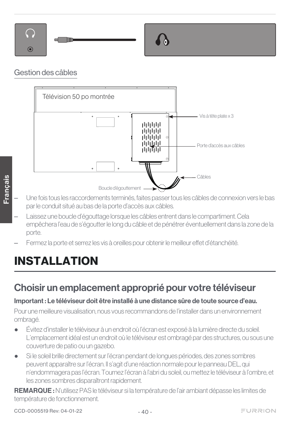 Installation, Gestion des câbles, Franç ais | Télévision 50 po montrée | Furrion Aurora Sun 55" 4K HDR LED Full Sun Outdoor Smart TV User Manual | Page 41 / 77