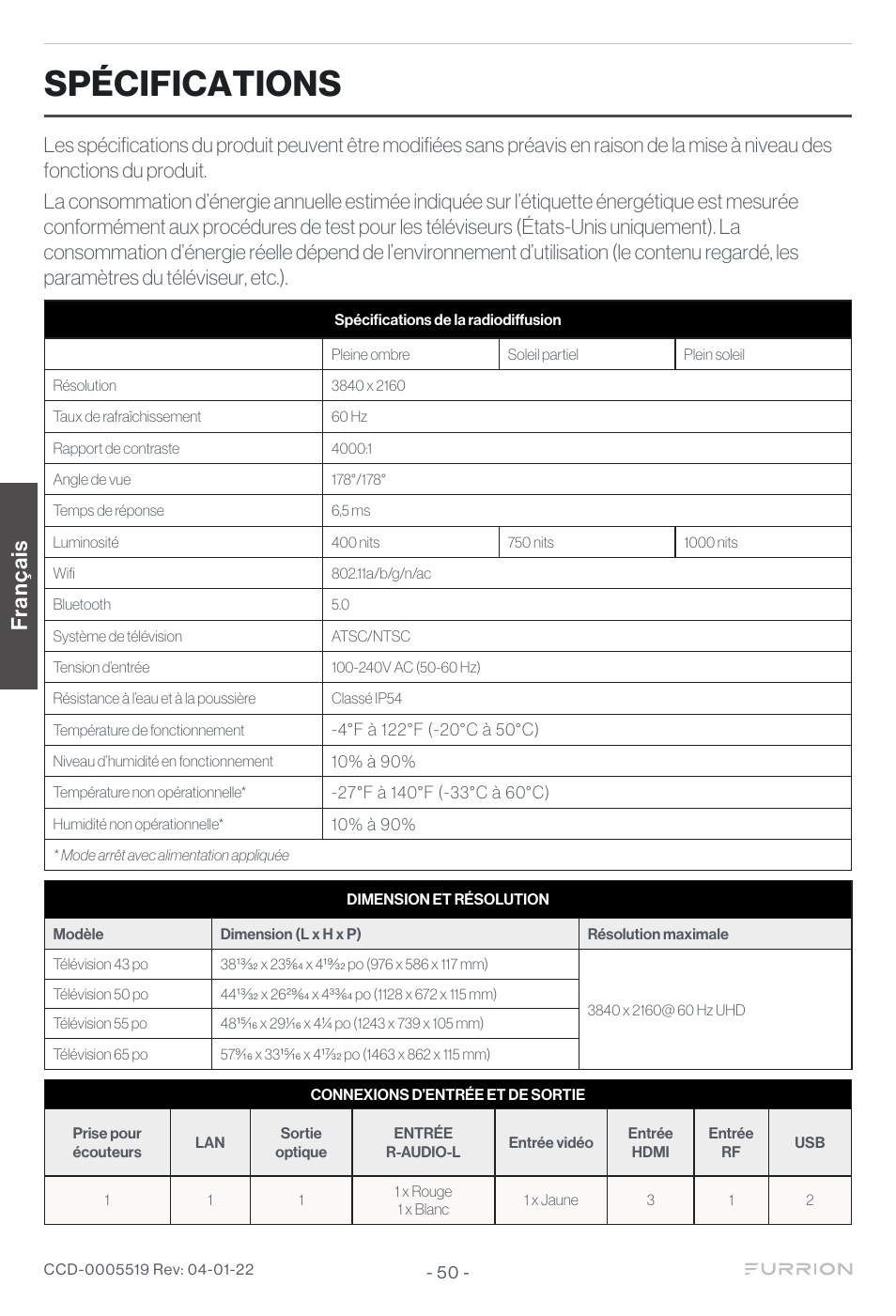Spécifications, Franç ais | Furrion Aurora Sun 55" 4K HDR LED Full Sun Outdoor Smart TV User Manual | Page 51 / 77